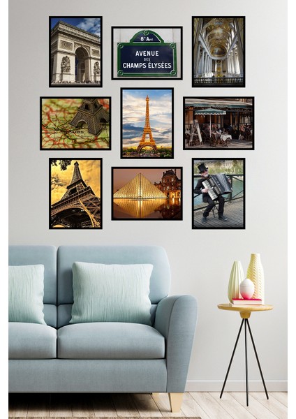 9 Parça Eyfel Paris Desenli Mdf Duvar Tablosu