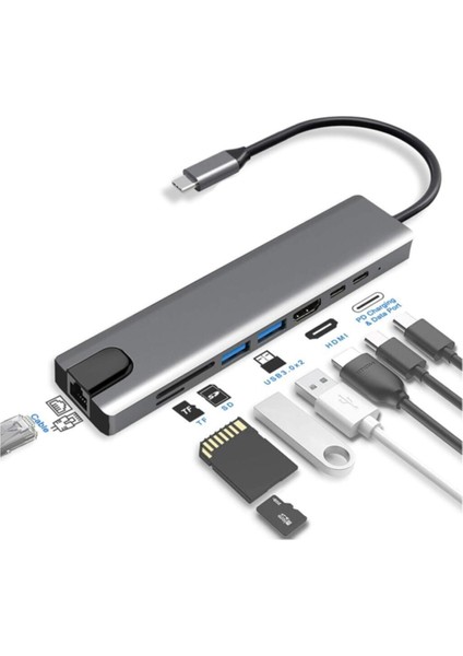 Blue Wings 8 In 1 Ethernet Sd USB Type C Hub Hdmı Girişli Macbook Çevirici 8IN11