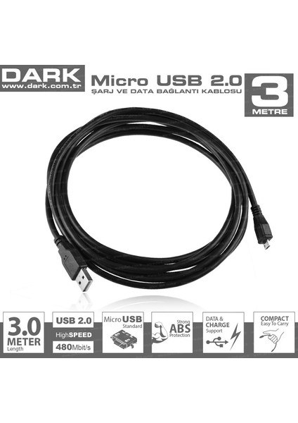 3metre DK-CB-USB2MICROL300 Micro USB 2.0 Kablo Siyah