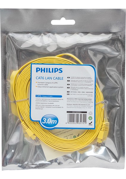 Phılıps SWA1949W/93-3 Sarı Yassı Flat Utp 3 Metre Cat6 Kablo Poşetli