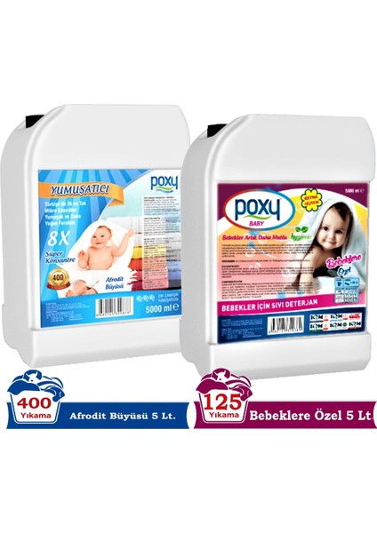 Bebeklere Özel Çamaşır Deterjanı 5 Lt (125 Yıkama) & Yumuşatıcı Afrodit Büyüsü 5 Lt (400 Yıkama)