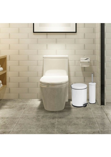 Beyaz 5 LİTRE 2'Li Banyo Seti Pedallı Çöp Kovası Wc Klozet Tuvalet Fırça Seti Banyo Çöp Kovası