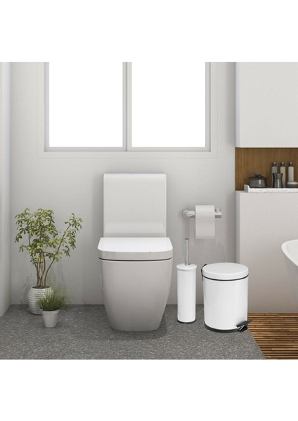 Beyaz 5 LİTRE 2'Li Banyo Seti Pedallı Çöp Kovası Wc Klozet Tuvalet Fırça Seti Banyo Çöp Kovası