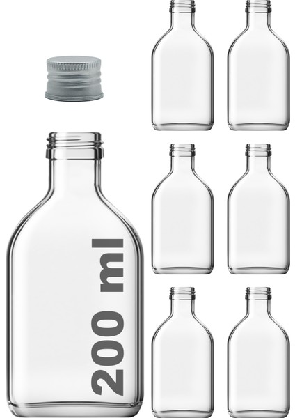 200 cc Cold Brew Şeffaf 200 ml Sızdırmaz Gümüş Plastik Kapaklı Yassı Cam Şişe (Soğuk Kahve) 6 Adet