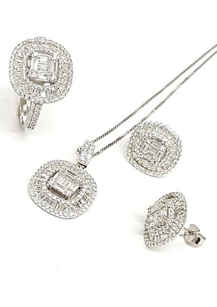 Baget Kesim Swarovski Taşlı Gümüş Takı Seti