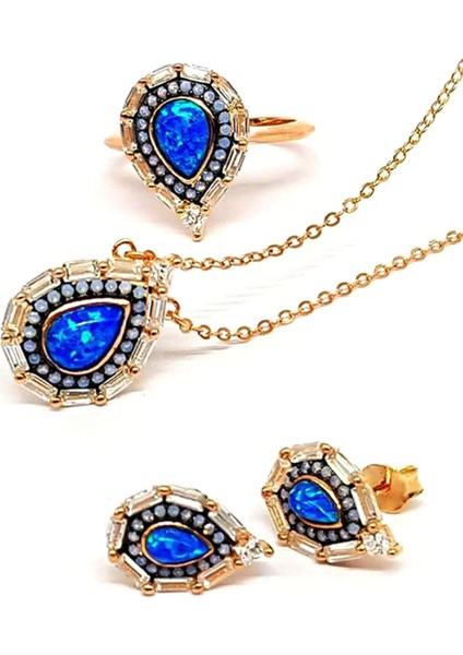 Opal Taşlı Italyan Tasarımı Lüks Gümüş Rose Set