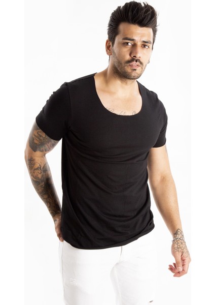 Siyah Geniş Yaka Likralı Tişört Oval Yaka Slim Fit Eteği Oval Açık Yaka T-shirt 1801199
