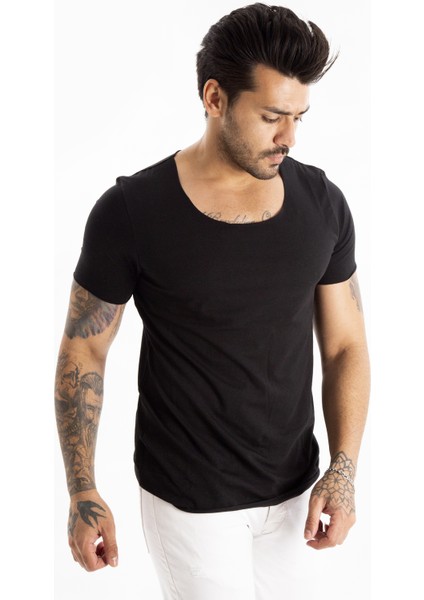 Siyah Geniş Yaka Likralı Tişört Oval Yaka Slim Fit Eteği Oval Açık Yaka T-shirt 1801199 fırsatları