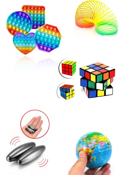 Eğlenceli Eğitici Stres Giderici Oyuncak Seti Popit + Rubik Zeka Küpü + Stres Yayı + Manyetik Mıknatıs + Dünya Stres Topu