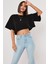 Siyah %100 Pamuk Bisiklet Yaka Crop T-Shirt 1