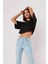 Siyah %100 Pamuk Bisiklet Yaka Crop T-Shirt 2