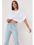 Beyaz %100 Pamuk Bisiklet Yaka Oversize Crop T-Shirt 1