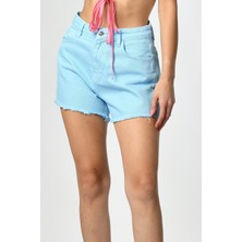 MODA1001 Yüksel Bel Bebe Mavisi Gabardin Şort  - Bebe Mavisi Bebe Mavisi - L