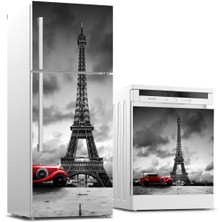 Sticker Art Buzdolabı ve Bulaşık Makinası Beyaz Eşya Sticker Kaplama Eyfel Kırmızı Araba