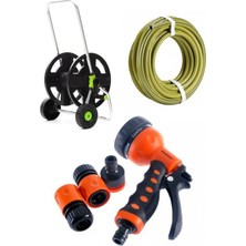 YDGR 3'lü Set 20 Metre Zebra Hortum +  Tekerlekli Hortum Arabası + 7 Fonksiyonlu Hortum Tabancası