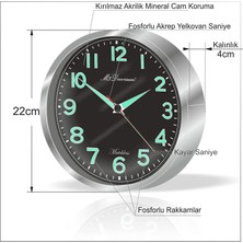 M3 Decorium Metalik Çerçeveli Gece Görünen Işıldayan Fosforlu Duvar Saati
