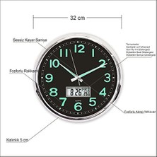 M3 Decorium Fosforlu Termometreli Dijitalli Siyah Zeminli 32CM Duvar Saati