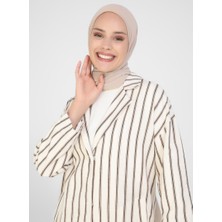 Keten Görünümlü Cep Detaylı Çizgili Ceket - Antik Bej - Refka Casual