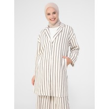 Keten Görünümlü Cep Detaylı Çizgili Ceket - Antik Bej - Refka Casual
