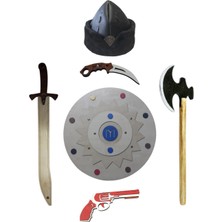 Ahtek Ahşap Oyuncak Seti 6'lı, Kayı Kalkanı + Kılıcı + Baltası + Oyuncak Bıçak + Lastik Atan Tabanca ve Börk