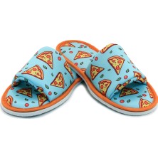 Chochili Unisex Mavi Pizza Desenli Önü Açık Yumuşak Tabanlı Ev Terlik