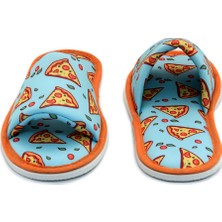 Chochili Unisex Mavi Pizza Desenli Önü Açık Yumuşak Tabanlı Ev Terlik