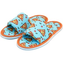 Chochili Unisex Mavi Pizza Desenli Önü Açık Yumuşak Tabanlı Ev Terlik