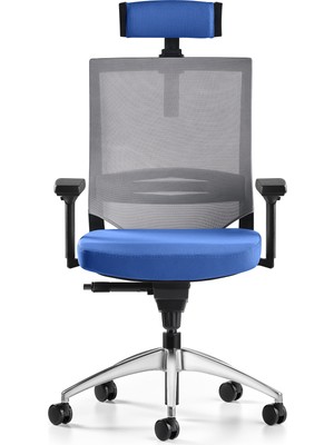 Bürotime Cozy Başlıklı Çalışma Koltuğu - 3D Kol - Alüminyum Ayak - Mavi/gri