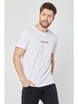 Comeor Erkek Core Beyaz Basic Önü Baskılı Kısa Kollu Bisiklet Yaka T-Shirt