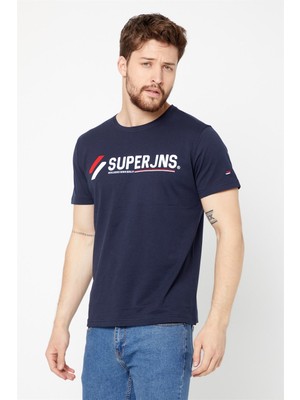 Comeor Erkek Lacivert Önü Yazı Baskılı Kısa Kollu Bisiklet Yaka Basic Slim Fit T-Shirt