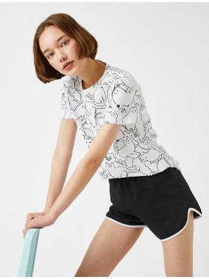 Koton Kadın Desenli Tişört Bisiklet Yaka Pamuklu