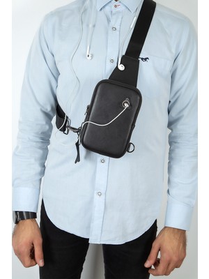 Av A Dos Unisex Siyah Deri Telefon Kulaklık Çıkışlı Çapraz Askılı Bel Omuz Çanta