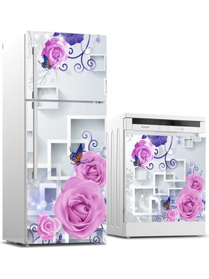 Sticker Art Buzdolabı ve Bulaşık Makinası Beyaz Eşya Sticker Kaplama Mor Gül