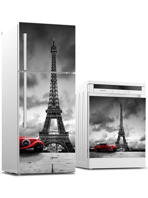 Sticker Art Buzdolabı ve Bulaşık Makinası Beyaz Eşya Sticker Kaplama Eyfel Kırmızı Araba