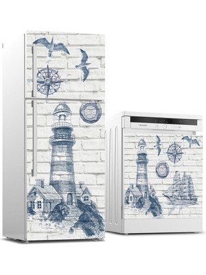 Sticker Art Buzdolabı ve Bulaşık Makinası Beyaz Eşya Sticker Kaplama Deniz Feneri