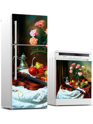 Sticker Art Buzdolabı ve Bulaşık Makinası Beyaz Eşya Sticker Kaplama Keman Çiçek