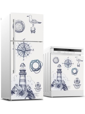 Sticker Art Buzdolabı ve Bulaşık Makinası Beyaz Eşya Sticker Kaplama Deniz Feneri Pusula