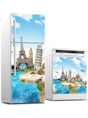 Sticker Art Buzdolabı ve Bulaşık Makinası Beyaz Eşya Sticker Kaplama Dünyanın Ünlü Simgeleri
