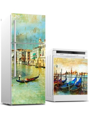 Sticker Art Buzdolabı ve Bulaşık Makinası Beyaz Eşya Sticker Kaplama Venedik Vintage