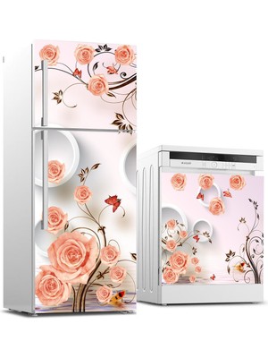 Sticker Art Buzdolabı ve Bulaşık Makinası Beyaz Eşya Sticker Kaplama Pembe Çiçek