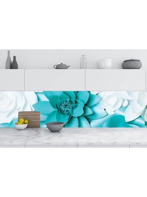 Sticker Art Mutfak Tezgah Arası Folyo Fayans Kaplama Folyosu Turkuaz Çiçek