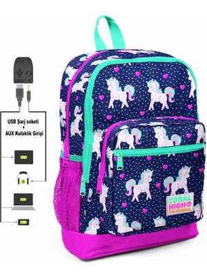 Carol High Kids Unicorn Desenli USB Şarjlı Kulaklık Çıkışlı Sırt Çantası 232708692182232700