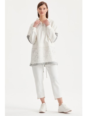 Tığ Triko Varak Baskılı Sweat Tunik Ekru