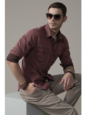 Tudors Slim Fit Uzun Kollu Gündelik Denim Kot Erkek Bordo Gömlek