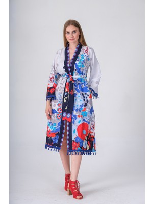 Narina Vual Kumaştan  Pamuklu Kimono  Püskül Detaylı Uzun  Pareo ve Plaj Elbisesi