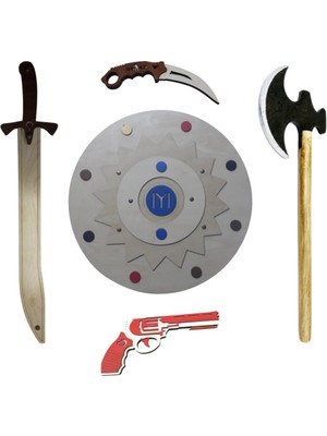 Ahtek Ahşap Oyuncak Seti 5'li, Kayı Kalkanı + Kılıcı + Baltası + Oyuncak Bıçak ve Lastik Atan Tabanca