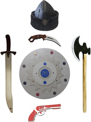 Ahtek Ahşap Oyuncak Seti 6'lı, Kayı Kalkanı + Kılıcı + Baltası + Oyuncak Bıçak + Lastik Atan Tabanca ve Börk oyuncak