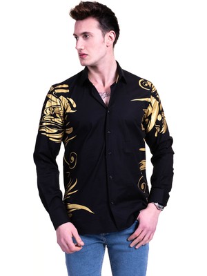 Exve Exclusive Siyah Altın Kol ve Beden Basskılı Tasarım Geniş Kesim Rahat Erkek Gömlek