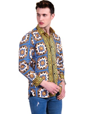 Exve Exclusive Mavi Altın Kare Desen Özel Yaka Detaylı Tasarım Geniş Kesim Rahat Erkek Gömlek