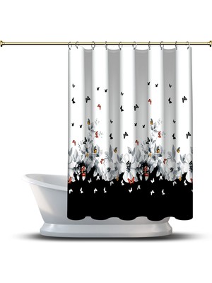 Assoshome Banyo Duş Perdesi Tasarım Dekor Minik Kelebekler Çiçekler Siyah Dijital Baskılı En 175 cm